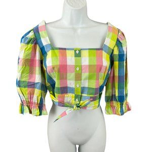 English Factory Multi Check Puff Sleeve Crop Top S